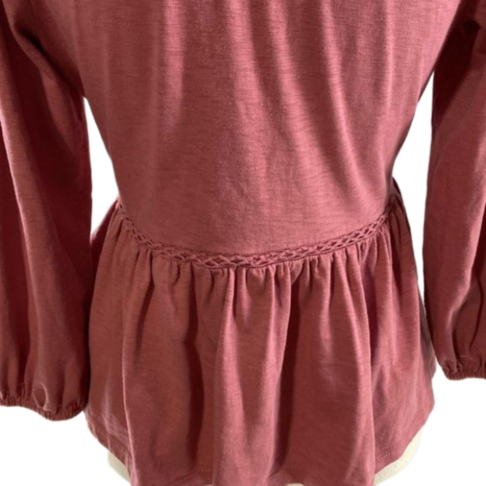 SO Women’s Peplum Blouse Pink Embroidered Lace V-Neck Empire Waist 3/4 Sleeves—S - Picture 10 of 13